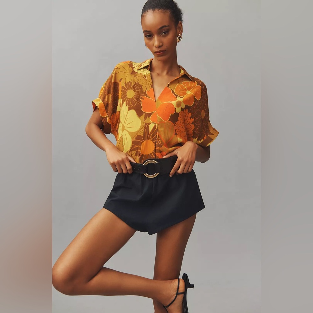 Anthropologie Bl-nk Leonora short sleeve coral brown floral boho breezy blouse